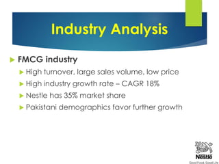 Industry Analysis
 FMCG industry
 High turnover, large sales volume, low price
 High industry growth rate – CAGR 18%
 Nestle has 35% market share
 Pakistani demographics favor further growth
 