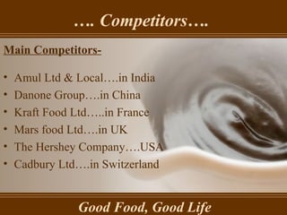 … . Competitors…. Good Food, Good Life Amul Ltd & Local….in India Danone Group….in China Kraft Food Ltd…..in France Mars food Ltd….in UK The Hershey Company….USA Cadbury Ltd….in Switzerland Main Competitors- 
