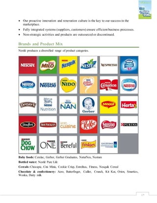12
 Our proactive innovation and renovation culture is the key to our success in the
marketplace.
 Fully integrated systems (suppliers, customers) ensure efficient business processes.
 Non-strategic activities and products are outsourced or discontinued.
Brands and Product Mix
Nestlé produces a diversified range of product categories.
Baby foods: Cerelac, Gerber, Gerber Graduates, NaturNes, Nestum
Bottled water: Nestlé Pure Life
Cereals: Chocapic, Cini Minis, Cookie Crisp, Estrelitas, Fitness, Nesquik Cereal
Chocolate & confectionery: Aero, Butterfinger, Cailler, Crunch, Kit Kat, Orion, Smarties,
Wonka, Dairy milk
 