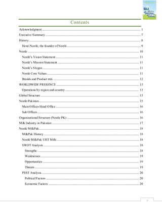 2
Contents
Acknowledgment ............................................................................................................................ 1
Executive Summary........................................................................................................................ 7
History............................................................................................................................................. 8
Henri Nestlé, the founder of Nestlé............................................................................................. 9
Nestle ............................................................................................................................................ 10
Nestlé’s Vision Statement ......................................................................................................... 11
Nestlé’s Mission Statement....................................................................................................... 11
Nestlé’s Slogan.......................................................................................................................... 11
Nestle Core Values.................................................................................................................... 11
Brands and Product mix ............................................................................................................ 12
WORLDWIDE PRESENCE ........................................................................................................ 13
Operations by region and country ............................................................................................. 13
Global Structure ............................................................................................................................ 13
Nestle Pakistan.............................................................................................................................. 15
Main Offices Head Office......................................................................................................... 16
Sub Offices................................................................................................................................ 16
Organizational Structure (Nestle PK) ........................................................................................... 16
Milk Industry in Pakistan.............................................................................................................. 17
Nestle MilkPak.............................................................................................................................. 18
MilkPak History........................................................................................................................ 18
Nestlé MilkPak UHT Milk:....................................................................................................... 18
SWOT Analysis......................................................................................................................... 18
Strengths: ............................................................................................................................... 18
Weaknesses............................................................................................................................ 19
Opportunities ......................................................................................................................... 19
Threats ................................................................................................................................... 19
PEST Analysis........................................................................................................................... 20
Political Factors ..................................................................................................................... 20
Economic Factors .................................................................................................................. 20
 