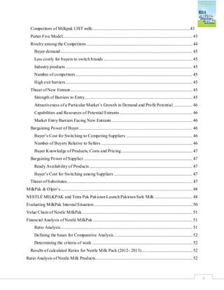 5
Competitors of Milkpak UHT milk:........................................................................................43
Porter Five Model...................................................................................................................... 43
Rivalry among the Competitors ................................................................................................ 44
Buyer demand........................................................................................................................ 45
Less costly for buyers to switch brands................................................................................. 45
Industry products ................................................................................................................... 45
Number of competitors .......................................................................................................... 45
High exit barriers ................................................................................................................... 45
Threat of New Entrant............................................................................................................... 45
Strength of Barriers to Entry.................................................................................................. 45
Attractiveness of a Particular Market’s Growth in Demand and Profit Potential ................. 46
Capabilities and Resources of Potential Entrants .................................................................. 46
Market Entry Barriers Facing New Entrants ......................................................................... 46
Bargaining Power of Buyer....................................................................................................... 46
Buyer’s Cost for Switching to Competing Suppliers ............................................................ 46
Number of Buyers Relative to Sellers ................................................................................... 46
Buyer Knowledge of Products, Costs and Pricing................................................................. 47
Bargaining Power of Supplier................................................................................................... 47
Ready Availability of Products.............................................................................................. 47
Buyer’s Cost for Switching among Suppliers ....................................................................... 47
Threat of Substitutes.................................................................................................................. 47
MilkPak & Olper’s........................................................................................................................ 48
NESTLÉ MILKPAK and Tetra Pak Pakistan Launch Pakistan Safe Milk .................................. 48
Evaluating MilkPak Internal Situation.......................................................................................... 50
Value Chain of Nestle MilkPak .................................................................................................... 51
Financial Analysis of Nestlé MilkPak .......................................................................................... 51
Ratio Analysis........................................................................................................................ 51
Defining the bases for Comparative Analysis ....................................................................... 52
Determining the criteria of work ........................................................................................... 52
Results of calculated Ratios for Nestle Milk Pack (2012- 2013).............................................. 52
Ratio Analysis of Nestle Milk Products........................................................................................ 52
 