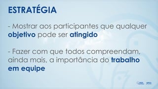 - Mostrar aos participantes que qualquer
objetivo pode ser atingido
- Fazer com que todos compreendam,
ainda mais, a importância do trabalho
em equipe
ESTRATÉGIA
 