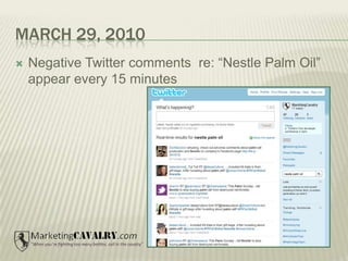 March 29, 2010<br />Negative Twitter comments  re: “Nestle Palm Oil” appear every 15 minutes<br />