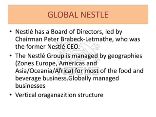 GLOBAL NESTLE
• Nestlé has a Board of Directors, led by
Chairman Peter Brabeck-Letmathe, who was
the former Nestlé CEO.
• The Nestlé Group is managed by geographies
(Zones Europe, Americas and
Asia/Oceania/Africa) for most of the food and
beverage business.Globally managed
businesses
• Vertical oraganazition structure

 