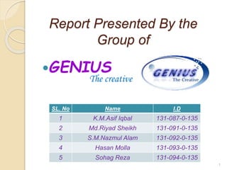 Report Presented By the
Group of
GENIUS
The creative
SL. No Name I.D
1 K.M.Asif Iqbal 131-087-0-135
2 Md.Riyad Sheikh 131-091-0-135
3 S.M.Nazmul Alam 131-092-0-135
4 Hasan Molla 131-093-0-135
5 Sohag Reza 131-094-0-135
1
 