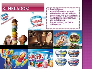  Los helados,
especialmente los que
contienen leche, no son
golosinas, ya que aportan
cantidades significativas
de nutrientes
importantes, es decir
alimentan.
 