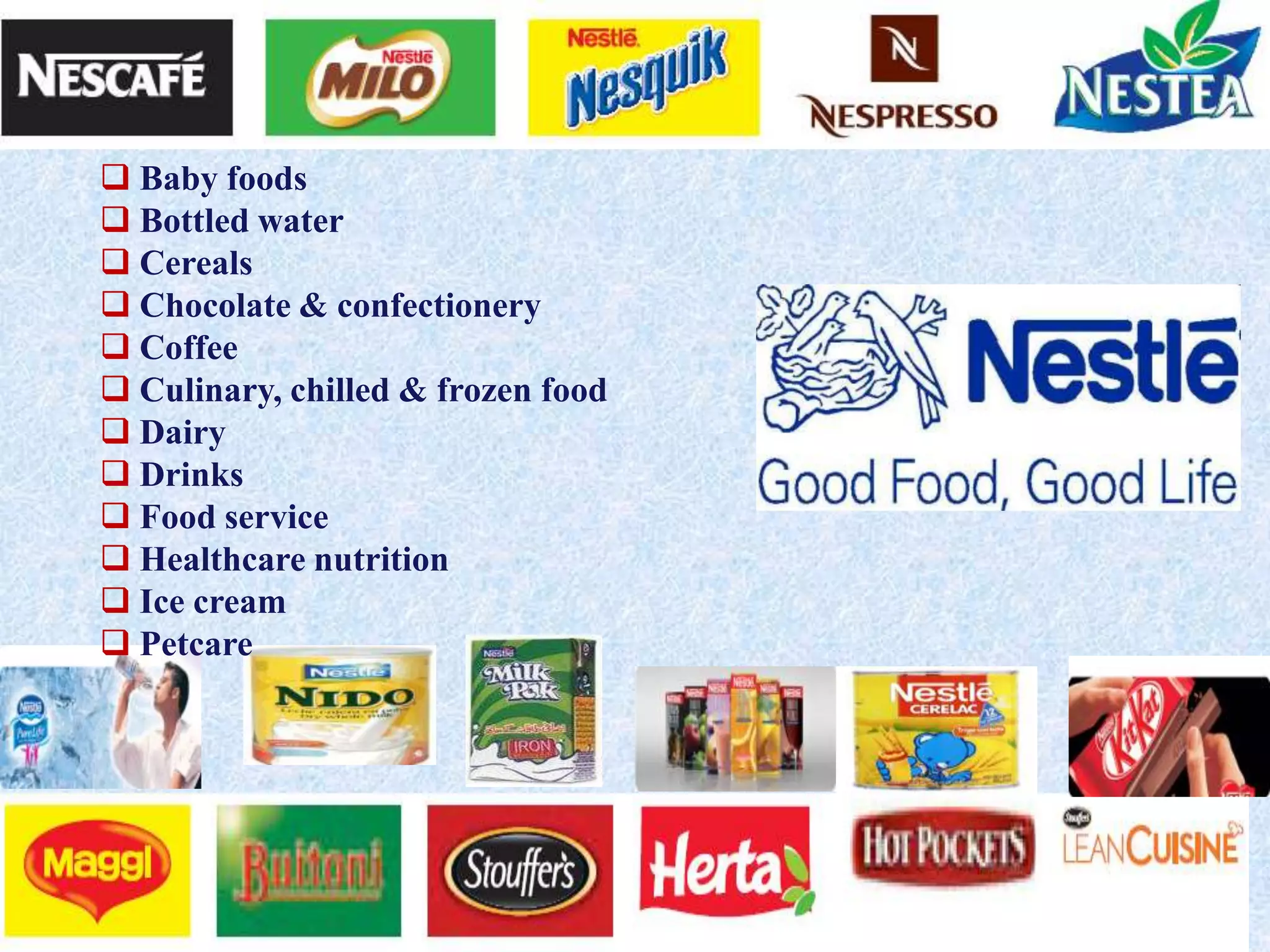  Baby foods
 Bottled water
 Cereals
 Chocolate & confectionery
 Coffee
 Culinary, chilled & frozen food
 Dairy
 Drinks
 Food service
 Healthcare nutrition
 Ice cream
 Petcare
 