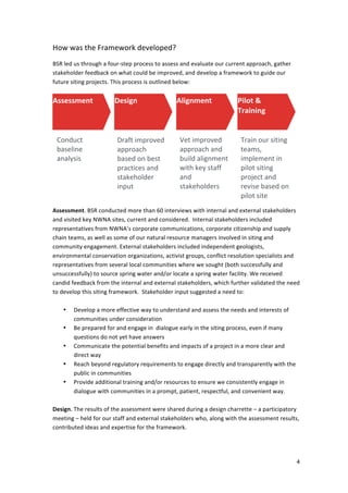 How	
  was	
  the	
  Framework	
  developed?	
  
	
  
BSR	
  led	
  us	
  through	
  a	
  four-­‐step	
  process	
  to	
  assess	
  and	
  evaluate	
  our	
  current	
  approach,	
  gather	
  
stakeholder	
  feedback	
  on	
  what	
  could	
  be	
  improved,	
  and	
  develop	
  a	
  framework	
  to	
  guide	
  our	
  
future	
  siting	
  projects.	
  This	
  process	
  is	
  outlined	
  below:	
  
	
  
Assessment	
  	
                   Design	
                            Alignment	
                        Pilot	
  &	
  	
  
                                                                                                          Training	
  


       Conduct	
                     Draft	
  improved	
                 Vet	
  improved	
                  Train	
  our	
  siting	
  
       baseline	
                    approach	
                          approach	
  and	
                  teams,	
  
       analysis	
  	
  	
            based	
  on	
  best	
               build	
  alignment	
               implement	
  in	
  
                                     practices	
  and	
                  with	
  key	
  staff	
             pilot	
  siting	
  
                                     stakeholder	
                       and	
                              project	
  and	
  
                                     input	
                             stakeholders	
                     revise	
  based	
  on	
  
                                                                                                            pilot	
  site	
                  	
  
	
                                                                                                          results	
  
Assessment.	
  BSR	
  conducted	
  more	
  than	
  60	
  interviews	
  with	
  internal	
  and	
  external	
  stakeholders	
  
and	
  visited	
  key	
  NWNA	
  sites,	
  current	
  and	
  considered.	
  	
  Internal	
  stakeholders	
  included	
  
representatives	
  from	
  NWNA’s	
  corporate	
  communications,	
  corporate	
  citizenship	
  and	
  supply	
  
chain	
  teams,	
  as	
  well	
  as	
  some	
  of	
  our	
  natural	
  resource	
  managers	
  involved	
  in	
  siting	
  and	
  
community	
  engagement.	
  External	
  stakeholders	
  included	
  independent	
  geologists,	
  
environmental	
  conservation	
  organizations,	
  activist	
  groups,	
  conflict	
  resolution	
  specialists	
  and	
  
representatives	
  from	
  several	
  local	
  communities	
  where	
  we	
  sought	
  (both	
  successfully	
  and	
  
unsuccessfully)	
  to	
  source	
  spring	
  water	
  and/or	
  locate	
  a	
  spring	
  water	
  facility.	
  We	
  received	
  
candid	
  feedback	
  from	
  the	
  internal	
  and	
  external	
  stakeholders,	
  which	
  further	
  validated	
  the	
  need	
  
to	
  develop	
  this	
  siting	
  framework.	
  	
  Stakeholder	
  input	
  suggested	
  a	
  need	
  to:	
  
	
  
       • Develop	
  a	
  more	
  effective	
  way	
  to	
  understand	
  and	
  assess	
  the	
  needs	
  and	
  interests	
  of	
  
            communities	
  under	
  consideration	
  
       • Be	
  prepared	
  for	
  and	
  engage	
  in	
  	
  dialogue	
  early	
  in	
  the	
  siting	
  process,	
  even	
  if	
  many	
  
            questions	
  do	
  not	
  yet	
  have	
  answers	
  
       • Communicate	
  the	
  potential	
  benefits	
  and	
  impacts	
  of	
  a	
  project	
  in	
  a	
  more	
  clear	
  and	
  
            direct	
  way	
  
       • Reach	
  beyond	
  regulatory	
  requirements	
  to	
  engage	
  directly	
  and	
  transparently	
  with	
  the	
  
            public	
  in	
  communities	
  	
  
       • Provide	
  additional	
  training	
  and/or	
  resources	
  to	
  ensure	
  we	
  consistently	
  engage	
  in	
  
            dialogue	
  with	
  communities	
  in	
  a	
  prompt,	
  patient,	
  respectful,	
  and	
  convenient	
  way.	
  	
  
	
  
Design.	
  The	
  results	
  of	
  the	
  assessment	
  were	
  shared	
  during	
  a	
  design	
  charrette	
  –	
  a	
  participatory	
  
meeting	
  –	
  held	
  for	
  our	
  staff	
  and	
  external	
  stakeholders	
  who,	
  along	
  with	
  the	
  assessment	
  results,	
  
contributed	
  ideas	
  and	
  expertise	
  for	
  the	
  framework.	
  	
  
	
  



                                                                                                                                               4
 