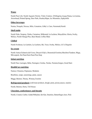 Water
Nestlé Pure Life, Nestlé Aquarel, Perrier, Vittel, Contrex, S.Pellegrino,Acqua Panna, Levissima,
Arrowhead, Poland Spring, Deer Park, Ozarka,Hépar, Ice Mountain, Zephyrhills

Other beverages
Nestea, Nesquik, Nescau, Milo, Carnation, Libby’s, Caro, Nestomalt,Nestlé

Shelf stable
Nestlé Nido, Nespray, Ninho, Carnation, Milkmaid, La Lechera, Moça,Klim, Gloria, Svelty,
Molico, Nestlé Omega Plus, Bear Brand, Coffee-Mate

Chilled
Nestlé Sveltesse, La Laitière, La Lechera, Ski, Yoco, Svelty, Molico, LC1,Chiquitin

Ice cream
Nestlé Antica Gelateria del Corso, Dreyer's/Edy's, Drumstick/Extrême,Maxibon/Tandem, Mega,
Mövenpick, Sin Parar/Sem Parar/Non Stop

Infant nutrition
Nestlé Nan, Lactogen, Beba, Nestogen, Cerelac, Neslac, Nestum,Guigoz, Good Start

HealthCare nutrition
Nutren, Clinutren, Peptamen, Modulen
Bouillons, soups, seasonings, pasta, sauces
Maggi, Buitoni, Thomy, Winiary,Torchin

Refrigerated products (cold meat products, dough, pasta, pizzas,sauces, snacks)
Nestlé, Buitoni, Herta, Toll House

Chocolate, confectionery and biscuits
Nestlé, Crunch, Cailler, Galak/Milkybar, Kit Kat, Smarties, Butterfinger,Aero, Polo

 