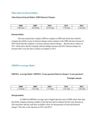Time-Interest-Earned Ratio:
Time-Interest-Earned Ratio= EBIT/Interest Charges

2008
5.00 time

2009
10.47time

2010
12.10 time

2011
7.19 time

2012
5.36 time

Interpretation:
The time earned ratio is high in 2009 as compare to 2008 and which show that the
company has ability to pay its interest charges easily compare to the 2008 and also increase in
2010 which that the company is increase and pay interest charges .But the ratio is reduce in
2011 which show that the company interest charges increase and 2012 interest charges are
increase that’s way the ratio is reduce as compare to 2011.

EBITDA coverage Ratio:

EBITDA coverage Ratio= EBITDA +Lease payment/Interest charges +Lease payment+
Principle amount

2008
1.18 time

2009
1.81 time

2010
1.71 time

2011
1.41 time

2012
1.02 time

Interpretation:
In 2009 the EBITDA coverage ratio is higher than the ratio of 2008 which show that
the Nestle company earning is higher to met the loan and its charges but this ratio decrease in
2010 and show that the cash flow available is flow for the payment of fixed and financial
charges. The ratio is also decrease in 2011 and 2012.

 