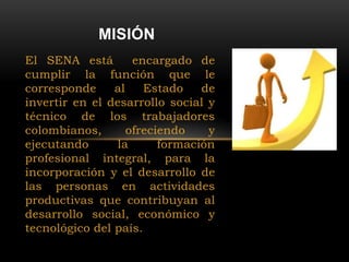 El SENA está encargado de
cumplir la función que le
corresponde al Estado de
invertir en el desarrollo social y
técnico de los trabajadores
colombianos, ofreciendo y
ejecutando la formación
profesional integral, para la
incorporación y el desarrollo de
las personas en actividades
productivas que contribuyan al
desarrollo social, económico y
tecnológico del país.
MISIÓN
 