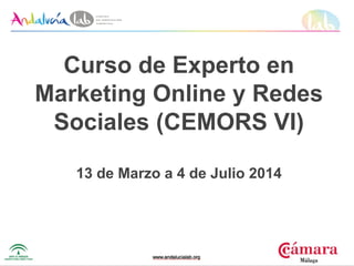 Curso de Experto en
Marketing Online y Redes
Sociales (CEMORS VI)
13 de Marzo a 4 de Julio 2014
 