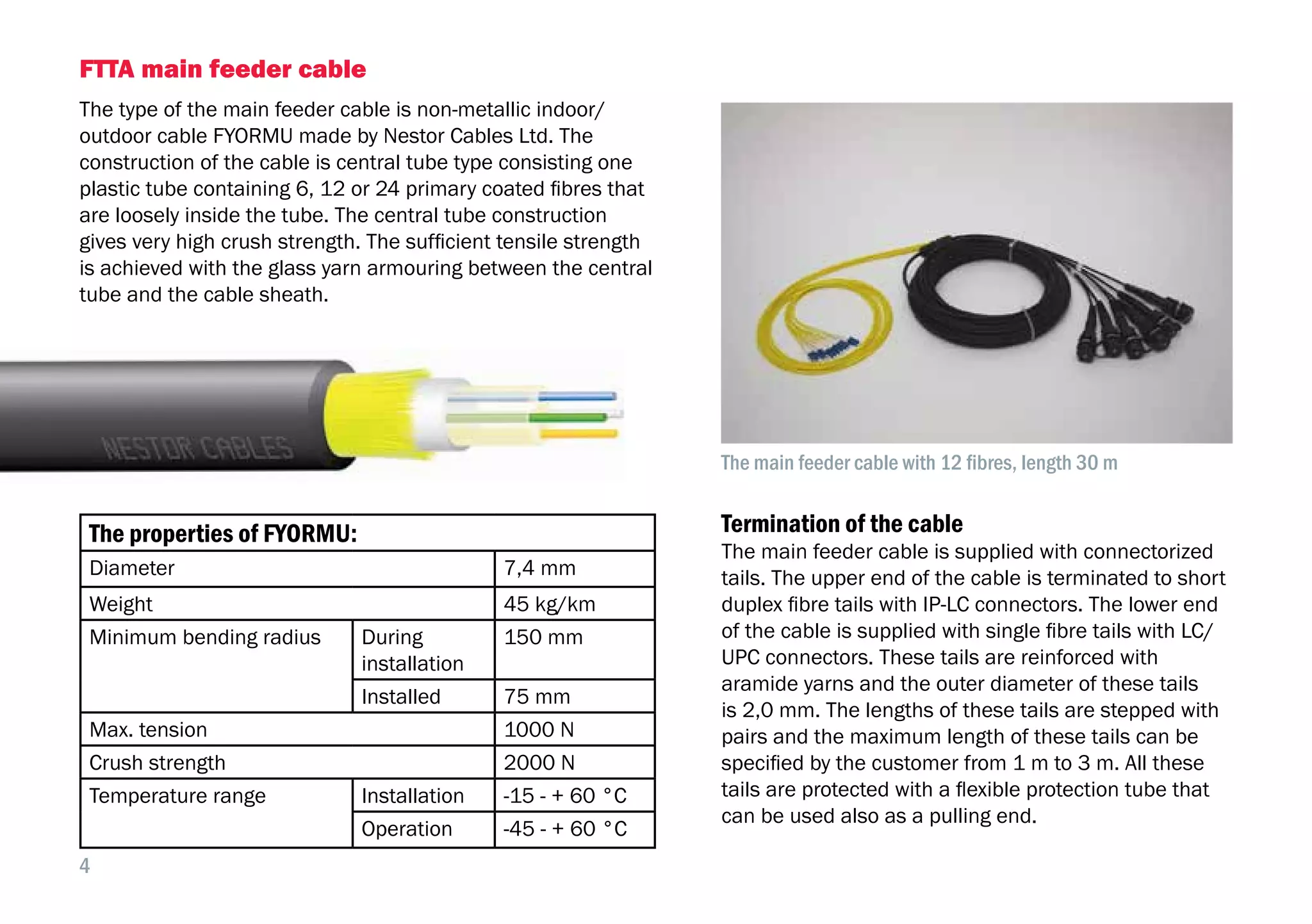 4
FTTA main feeder cable
The type of the main feeder cable is non-metallic indoor/
outdoor cable FYORMU made by Nestor Cables Ltd. The
construction of the cable is central tube type consisting one
plastic tube containing 6, 12 or 24 primary coated fibres that
are loosely inside the tube. The central tube construction
gives very high crush strength. The sufficient tensile strength
is achieved with the glass yarn armouring between the central
tube and the cable sheath.
Termination of the cable
The main feeder cable is supplied with connectorized
tails. The upper end of the cable is terminated to short
duplex fibre tails with IP-LC connectors. The lower end
of the cable is supplied with single fibre tails with LC/
UPC connectors. These tails are reinforced with
aramide yarns and the outer diameter of these tails
is 2,0 mm. The lengths of these tails are stepped with
pairs and the maximum length of these tails can be
specified by the customer from 1 m to 3 m. All these
tails are protected with a flexible protection tube that
can be used also as a pulling end.
The properties of FYORMU:
Diameter 7,4 mm
Weight 45 kg/km
Minimum bending radius During
installation
150 mm
Installed 75 mm
Max. tension 1000 N
Crush strength 2000 N
Temperature range Installation -15 - + 60 °C
Operation -45 - + 60 °C
The main feeder cable with 12 fibres, length 30 m
 