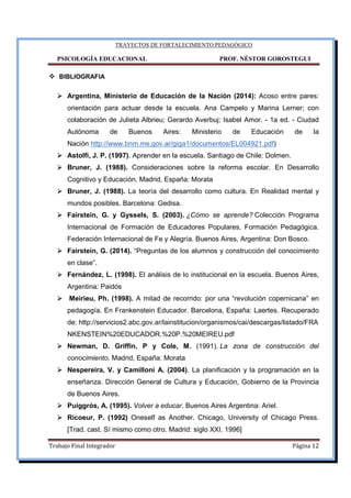 TRAYECTOS DE FORTALECIMIENTO PEDAGÓGICO
PSICOLOGÍA EDUCACIONAL PROF. NÉSTOR GOROSTEGUI
Trabajo Final Integrador Página 12
BIBLIOGRAFIA
Argentina, Ministerio de Educación de la Nación (2014): Acoso entre pares:
orientación para actuar desde la escuela. Ana Campelo y Marina Lerner; con
colaboración de Julieta Albrieu; Gerardo Averbuj; Isabel Amor. - 1a ed. - Ciudad
Autónoma de Buenos Aires: Ministerio de Educación de la
Nación http://www.bnm.me.gov.ar/giga1/documentos/EL004921.pdf)
Astolfi, J. P. (1997). Aprender en la escuela. Santiago de Chile: Dolmen.
Bruner, J. (1988). Consideraciones sobre la reforma escolar. En Desarrollo
Cognitivo y Educación. Madrid, España: Morata
Bruner, J. (1988). La teoría del desarrollo como cultura. En Realidad mental y
mundos posibles. Barcelona: Gedisa.
Fairstein, G. y Gyssels, S. (2003). ¿Cómo se aprende? Colección Programa
Internacional de Formación de Educadores Populares, Formación Pedagógica.
Federación Internacional de Fe y Alegría. Buenos Aires, Argentina: Don Bosco.
Fairstein, G. (2014). “Preguntas de los alumnos y construcción del conocimiento
en clase”.
Fernández, L. (1998). El análisis de lo institucional en la escuela. Buenos Aires,
Argentina: Paidós
Meirieu, Ph. (1998). A mitad de recorrido: por una “revolución copernicana” en
pedagogía. En Frankenstein Educador. Barcelona, España: Laertes. Recuperado
de: http://servicios2.abc.gov.ar/lainstitucion/organismos/cai/descargas/listado/FRA
NKENSTEIN%20EDUCADOR.%20P.%20MEIREU.pdf
Newman, D. Griffin, P y Cole, M. (1991). La zona de construcción del
conocimiento. Madrid, España: Morata
Nespereira, V. y Camilloni A. (2004). La planificación y la programación en la
enseñanza. Dirección General de Cultura y Educación, Gobierno de la Provincia
de Buenos Aires.
Puiggrós, A. (1995). Volver a educar. Buenos Aires Argentina: Ariel.
Ricoeur, P. (1992) Oneself as Another. Chicago, University of Chicago Press.
[Trad. cast. Sí mismo como otro. Madrid: siglo XXI. 1996]
 