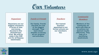 Our Volunteers
Nopanians are our
biggest volunteers
in terms of time
and money
devoted to this
philanthropic
trust. We wish to
make it the CSR
arm for all Nopany
batchmates.
Nopanians
Our family, friends
and kids are one
of the biggest
strength. They
have stood
besides us during
all our projects
and activities.
Family & Friends
Our trained
teachers
appointed in non
formal schools are
our volunteers
too.
Teachers
Members of the
community we
work with help us
to achieve our
desired results
effectively. They
help us in
identifying
weaknesses.
Community
Members
www.nest.ngo
 
