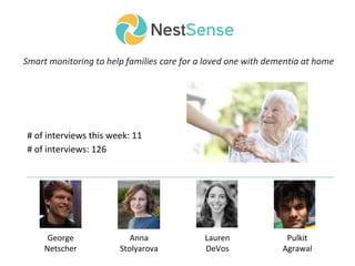 Smart monitoring to help families care for a loved one with dementia at home
# of interviews this week: 11
# of interviews: 126
George
Netscher
Lauren
DeVos
Anna
Stolyarova
Pulkit
Agrawal
 