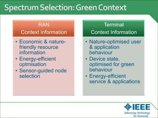 RAN
Context Information
• Economic & nature-
friendly resource
information
• Energy-efficient
optmisation
• Sensor-guided node
selection
Terminal
Context Information
• Nature-optimised user
& application
behaviour
• Device state,
optimised for green
behaviour
• Energy-efficient
service & applications
 