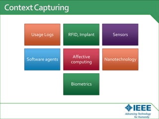 Usage Logs RFID, Implant Sensors
Software agents
Affective
computing
Nanotechnology
Biometrics
 