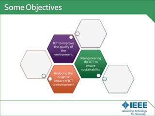 Reducing the
negative
impact of ICT
to environment
Reengineering
the ICT to
ensure
sustainability
ICT to improve
the quality of
the
environment
 