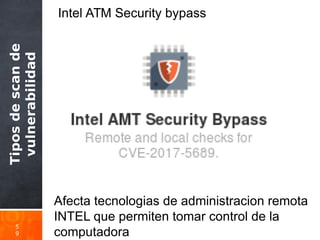 Tiposdescande
vulnerabilidad
5
9
Intel ATM Security bypass
Afecta tecnologias de administracion remota
INTEL que permiten tomar control de la
computadora
 
