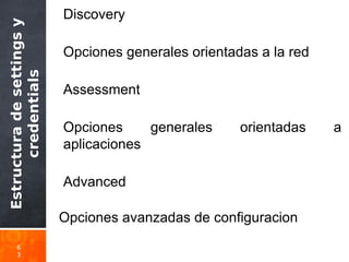 Estructuradesettingsy
credentials
6
3
Discovery
Opciones generales orientadas a la red
Assessment
Opciones generales orientadas a
aplicaciones
Advanced
Opciones avanzadas de configuracion
 