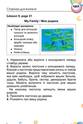 107
Сторінки для вчителя
Lesson 9, page 21
My Family / Моя родина
Необхідні матеріали:
• Папір для аплікацій
синього та зеленого
кольорів
• Кольорові олівці,
фарби темпера або
маркери
• Ножиці
• Клей­олівець
1. Намалюйте або виріжте з кольорового паперу
стовбур дерева.
2. Виріжте зелені листочки з кольорового паперу.
Кожний з листочків представлятиме когось із членів
вашої родини. Виріжте таку кількість листочків,
яка вам необхідна, щоб зобразити ваших батьків,
дідусів, бабусь, братів, сестер, двоюрідних братів
тощо. Можете включити й листочки для ваших
домашніх улюбленців.
На кожному листочку напишіть імена ваших
родичів.
3. Приклейте листочки до дерева.
4. Розкажіть про вашу родину.
 