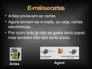 E-mails e cartas Antes enviavam-se cartas  Agora enviam-se e-mails, ou seja, cartas electrónicas . Por outro lado já não se gasta tanto papel, mas também não tem tanta piada. Antes Agora 