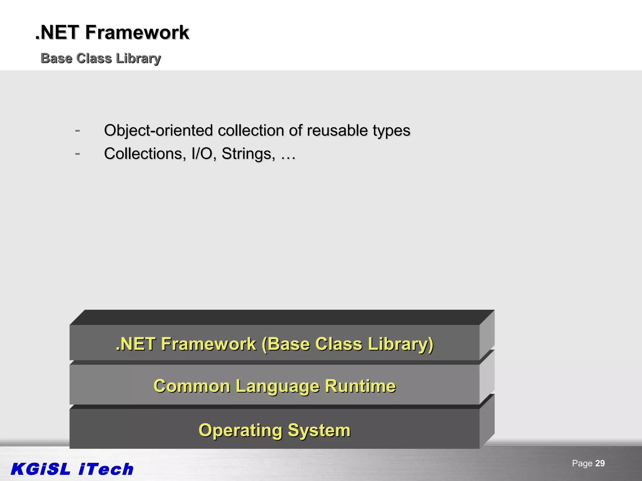 .NET Framework
  Base Class Library




       -   Object-oriented collection of reusable types
       -   Collections, I/O, Strings, …




             .NET Framework (Base Class Library)

                  Common Language Runtime

                        Operating System

KGiSL iTech                                               Page 29
 