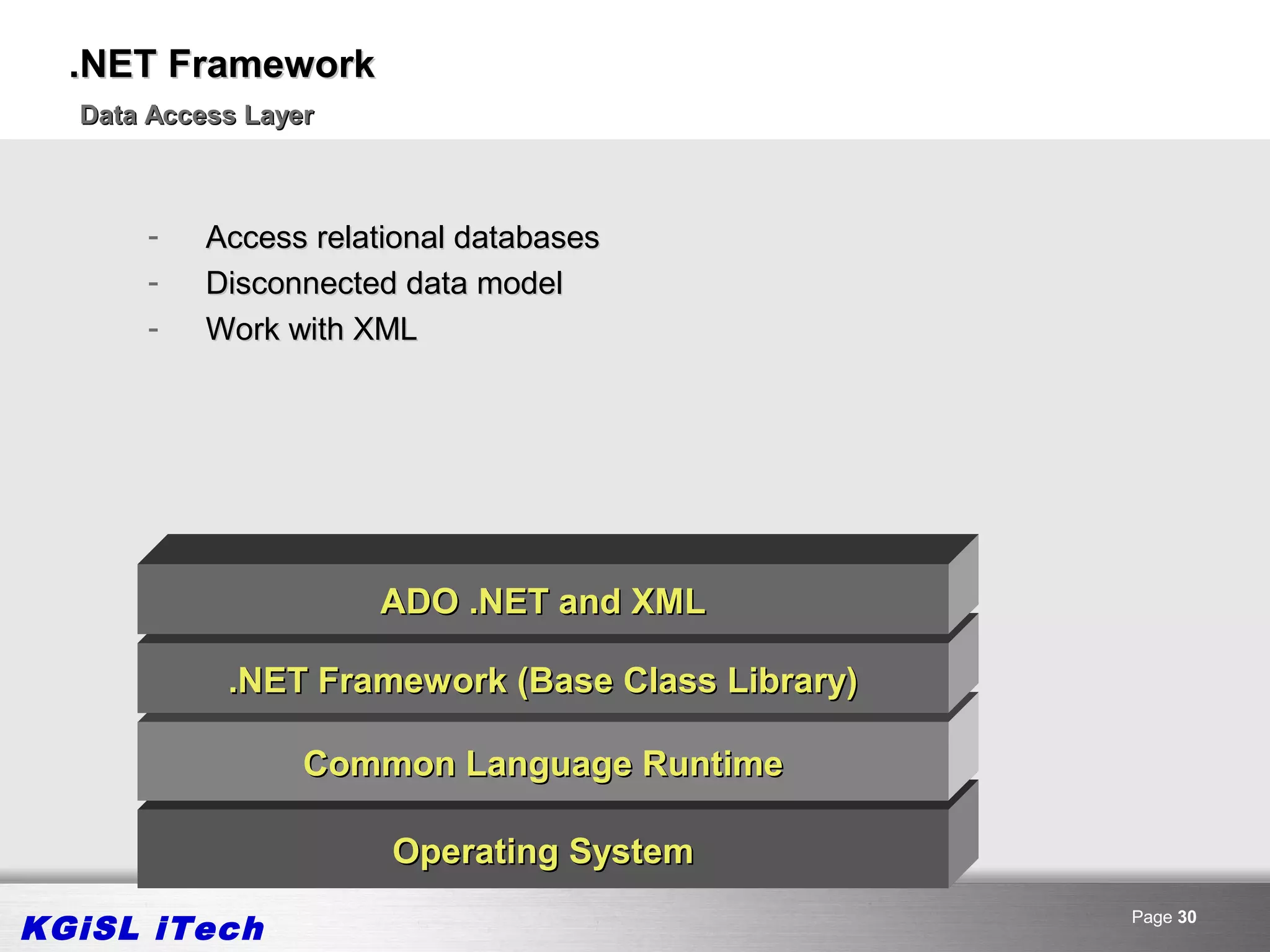 .NET Framework
  Data Access Layer



      -    Access relational databases
      -    Disconnected data model
      -    Work with XML




                      ADO .NET and XML

            .NET Framework (Base Class Library)

                  Common Language Runtime

                       Operating System

KGiSL iTech                                       Page 30
 