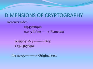 DIMENSIONS OF CRYPTOGRAPHY
Receiver side:-
            12345678910
            0.o 5 li f ne -----> Planetext

     9875103216 4 -------> Key
     1 234 5678910

   file no.05---------> Original text
 