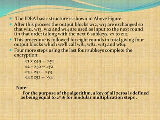  The IDEA basic structure is shown in Above Figure.
 After this process the output blocks w12, w13 are exchanged so
  that wi11, w13, w12 and w14 are used as input to the next round
  (in that order) along with the next 6 subkeys, z7 to z12.
 This procedure is followed for eight rounds in total giving four
  output blocks which we’ll call w81, w82, w83 and w84.
 Four more steps using the last four subkeys complete the
  encryption:
        e1 x z49 -- >y1
       e2 + z50 -- >y2
       e3 + z51 -- >y3
       e4 x z52 -- >y4

   Note:
     For the purpose of the algorithm, a key of all zeros is defined
    as being equal to 2^16 for modular multiplication steps .
 