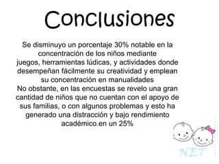 Conclusiones
Se disminuyo un porcentaje 30% notable en la
concentración de los niños mediante
juegos, herramientas lúdicas, y actividades donde
desempeñan fácilmente su creatividad y emplean
su concentración en manualidades
No obstante, en las encuestas se revelo una gran
cantidad de niños que no cuentan con el apoyo de
sus familias, o con algunos problemas y esto ha
generado una distracción y bajo rendimiento
académico.en un 25%

 