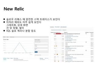 New Relic
 슬로우 리퀘스 때 완전한 스택 트레이스가 보인다
 미처리 예외도 아주 쉽게 보인다
그래프화, 상세 화면
건 당 정렬, 필터
 SQL 슬로 쿼리나 분합 등도

 