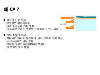 왜 C# ?
 퍼포먼스 상 문제
압도적인 피하지방률
대수 증가율에 의한 영향
단 CakePHP라는 엿같은 프레임워크 탓도 있음
 개발 효율의 문제
컴파일러 에러로 발견할 수 있는 문제로 서버 다운
IntelliSense가 너무 좋음
빈약한 컬력션 처리(LINQ가 없음)
그 외에도 아주 많음

 