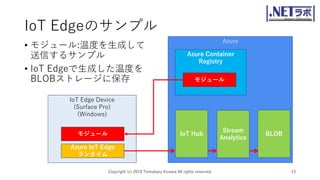 IoT Edgeのサンプル
• モジュール:温度を生成して
送信するサンプル
• IoT Edgeで生成した温度を
BLOBストレージに保存
Copyright (c) 2019 Tomokazu Kizawa All rights reserved. 13
Azure
IoT Edge Device
(Surface Pro)
(Windows)
モジュール
Azure IoT Edge
ランタイム
IoT Hub
Azure Container
Registry
モジュール
Stream
Analytics
BLOB
 