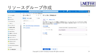 リソースグループ作成
• リソースグループの作成
Copyright (c) 2019 Tomokazu Kizawa All rights reserved. 14
 