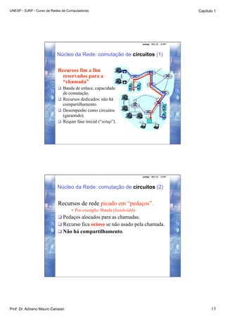 UNESP - SJRP - Curso de Redes de Computadores                                                  Capítulo 1




                                                                       unesp - IBILCE - SJRP



                           Núcleo da Rede: comutação de circuitos (1)

                           Recursos fim a fim
                             reservados para a
                             “chamada”
                             Banda de enlace, capacidade
                              de comutação.
                             Recursos dedicados: não há
                              compartilhamento.
                             Desempenho como circuitos
                              (garantido).
                             Requer fase inicial (“setup”).




                                                                       unesp - IBILCE - SJRP



                           Núcleo da Rede: comutação de circuitos (2)


                           Recursos de rede picado em “pedaços”.
                                   •  Por exemplo: Banda (bandwidth)
                            Pedaços alocados para as chamadas.
                            Recurso fica ocioso se não usado pela chamada.
                            Não há compartilhamento.




Prof. Dr. Adriano Mauro Cansian                                                                       13
 