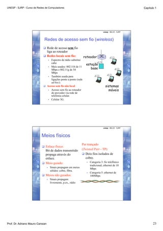 UNESP - SJRP - Curso de Redes de Computadores                                                                      Capítulo 1




                                                                                           unesp - IBILCE - SJRP




                             Redes de acesso sem fio (wireless)
                              Rede de acesso sem fio
                               liga ao roteador
                              Redes locais sem fio:                    roteador
                                   Espectro de rádio substitui
                                       • 
                                   cabo
                                                                          estação
                                •  Mais usados: 802.11b de 11
                                   Mbps e 802.11g de 54                      base
                                   Mbps
                                •  Também usada para
                                   ligações ponto a ponto (rede
                                   ad-hoc).
                              Acesso sem fio não local                                      sistemas
                                •  Acesso sem fio ao roteador                                  móveis
                                   do provedor via rede de
                                   telefonia celular.
                                •  Celular 3G.




                                                                                           unesp - IBILCE - SJRP




                           Meios físicos
                                                                       Par trançado
                             Enlace físico:
                              Bit de dados transmitido                 (Twisted Pair - TP)
                              propaga através do                         Dois fios isolados de
                              enlace.                                     cobre.
                             Meio guiado:                                •    Categoria 3: fio telefônico
                                                                               tradicional, ethernet de 10
                                  •         Sinais propagam em meios           Mbps
                                            sólidos: cobre, fibra.
                                                                          •    Categoria 5: ethernet de
                             Meios não guiados:                               100Mbps
                              •  Sinais propagam
                                 livremente, p.ex., rádio




Prof. Dr. Adriano Mauro Cansian                                                                                           23
 