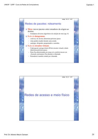UNESP - SJRP - Curso de Redes de Computadores                                                                 Capítulo 1




                                                                                      unesp - IBILCE - SJRP




                           Redes de pacotes: roteamento
                             Meta: mover pacotes entre roteadores da origem ao
                              destino.
                                  •    Estudamos diversos algoritmos de seleção de rota (cap. 4)
                             Rede de datagramas:
                               •  endereço de destino determina próximo passo.
                               •  rotas podem mudar durante uma sessão.
                               •  analogia: dirigindo, perguntando o caminho.

                             Rede de circuitos virtuais:
                               •  Cada pacote carrega rótulo (ID de circuito virtual), rótulo
                                  determina próximo passo.
                               •  Rota fixa determinada em tempo de estabelecimento da
                                  chamada, permanece fixa durante a chamada.
                               •  Roteadores mantêm estado por chamada.




                                                                                      unesp - IBILCE - SJRP




                          Redes de acesso e meio físico




Prof. Dr. Adriano Mauro Cansian                                                                                      20
 