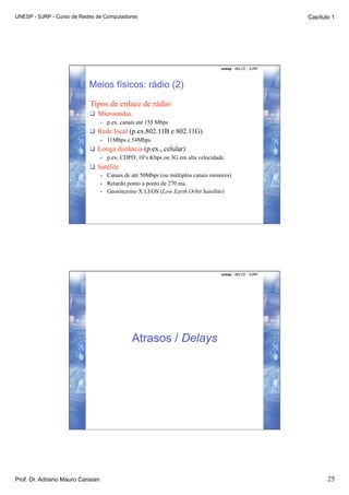 UNESP - SJRP - Curso de Redes de Computadores                                                          Capítulo 1




                                                                               unesp - IBILCE - SJRP




                           Meios físicos: rádio (2)

                           Tipos de enlace de rádio:
                             Microondas
                              •  p.ex. canais até 155 Mbps

                             Rede local (p.ex.802.11B e 802.11G)
                               •  11Mbps e 54Mbps

                             Longa distância (p.ex., celular)
                               •  p.ex. CDPD, 10’s Kbps ou 3G em alta velocidade.

                             Satélite
                               •  Canais de até 50Mbps (ou múltiplos canais menores)
                               •  Retardo ponto a ponto de 270 ms.
                               •  Geosíncrono X LEOS (Low Earth Orbit Satellite)




                                                                               unesp - IBILCE - SJRP




                                           Atrasos / Delays




Prof. Dr. Adriano Mauro Cansian                                                                               25
 