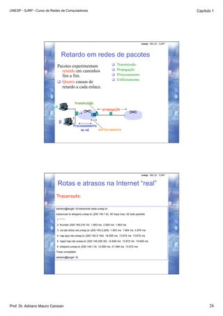 UNESP - SJRP - Curso de Redes de Computadores                                                                            Capítulo 1




                                                                                                 unesp - IBILCE - SJRP




                              Retardo em redes de pacotes
                                                                          Transmissão.
                           Pacotes experimentam
                                                                          Propagação.
                              retardo em caminhos
                              fim a fim.                                  Processamento.
                                                                          Enfileiramento
                             Quatro causas de
                              retardo a cada enlace.


                                         transmissão
                         A                                      propagação


                             B
                                        Processamento
                                            no nó     enfileiramento




                                                                                                 unesp - IBILCE - SJRP



                           Rotas e atrasos na Internet “real”
                          Traceroute:

                          adriano@angel:~$ traceroute www.unesp.br

                          traceroute to shepard.unesp.br (200.145.1.9), 30 hops max, 52 byte packets

                           1 ***

                           2 thunder (200.145.216.10) 1.953 ms 2.930 ms 1.953 ms

                           3 cis-lab-ibilce.net.unesp.br (200.145.0.249) 1.953 ms 1.954 ms 0.976 ms

                           4 nap-sjrp.net.unesp.br (200.145.0.194) 18.555 ms 13.672 ms 13.672 ms

                           5 nap2-nap.net.unesp.br (200.145.255.30) 14.649 ms 13.672 ms 14.649 ms

                           6 shepard.unesp.br (200.145.1.9) 12.695 ms 21.484 ms 13.672 ms
                          Trace completed

                          adriano@angel:~$




Prof. Dr. Adriano Mauro Cansian                                                                                                 26
 