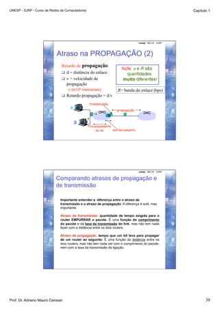 UNESP - SJRP - Curso de Redes de Computadores                                                          Capítulo 1




                                                                               unesp - IBILCE - SJRP




                           Atraso na PROPAGAÇÃO (2)
                              Retardo de propagação:
                                d = distância do enlace
                                v = velocidade de
                                 propagação
                                  (~2x108 metros/sec)            R= banda do enlace (bps)
                                Retardo propagação = d/v

                                                transmissão
                                   A                             propagação


                                       B
                                                Processamento
                                                    no nó     enfileiramento




                                                                               unesp - IBILCE - SJRP


                           Comparando atrasos de propagação e
                           de transmissão

                             Importante entender a diferença entre o atraso de
                             transmissão e o atraso de propagação. A diferença é sutil, mas
                             importante.

                             Atraso da transmissão: quantidade de tempo exigida para o
                             router EMPURRAR o pacote. É uma função do comprimento
                             do pacote e da taxa da transmissão do link, mas não tem nada
                             fazer com a distância entre os dois routers.

                             Atraso da propagação: tempo que um bit leva para propagar
                             de um router ao seguinte. É uma função da distância entre os
                             dois routers, mas não tem nada ver com o comprimento do pacote,
                             nem com a taxa da transmissão da ligação.




Prof. Dr. Adriano Mauro Cansian                                                                               30
 
