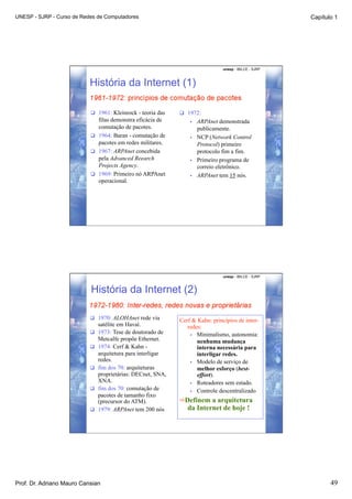 UNESP - SJRP - Curso de Redes de Computadores                                                           Capítulo 1




                                                                                unesp - IBILCE - SJRP



                           História da Internet (1)

                             1961: Kleinrock - teoria das      1972:
                              filas demonstra eficácia de         •    ARPAnet demonstrada
                              comutação de pacotes.                    publicamente.
                             1964: Baran - comutação de          •    NCP (Network Control
                              pacotes em redes militares.              Protocol) primeiro
                             1967: ARPAnet concebida                  protocolo fim a fim.
                              pela Advanced Reearch               •    Primeiro programa de
                              Projects Agency.                         correio eletrônico.
                             1969: Primeiro nó ARPAnet           •    ARPAnet tem 15 nós.
                              operacional.




                                                                                unesp - IBILCE - SJRP



                           História da Internet (2)

                             1970: ALOHAnet rede via         Cerf & Kahn: princípios de inter-
                                satélite em Havaí.               redes:
                               1973: Tese de doutorado de        •  Minimalismo, autonomia:
                                Metcalfe propõe Ethernet.            nenhuma mudança
                               1974: Cerf & Kahn -                  interna necessária para
                                arquitetura para interligar          interligar redes.
                                redes.                            •  Modelo de serviço de
                               fim dos 70: arquiteturas             melhor esforço (best-
                                proprietárias: DECnet, SNA,          effort).
                                XNA.                              •  Roteadores sem estado.
                               fim dos 70: comutação de          •  Controle descentralizado
                                pacotes de tamanho fixo
                                (precursor do ATM).           Definem a arquitetura
                               1979: ARPAnet tem 200 nós        da Internet de hoje !




Prof. Dr. Adriano Mauro Cansian                                                                                49
 