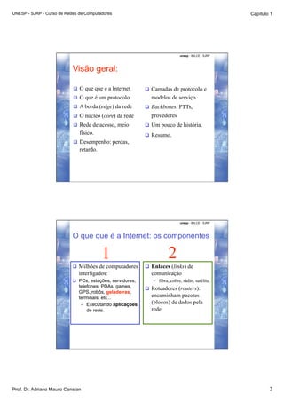 UNESP - SJRP - Curso de Redes de Computadores                                                          Capítulo 1




                                                                               unesp - IBILCE - SJRP




                           Visão geral:

                             O que que é a Internet         Camadas de protocolo e
                             O que é um protocolo           modelos de serviço.
                             A borda (edge) da rede         Backbones, PTTs,
                             O núcleo (core) da rede        provedores
                             Rede de acesso, meio           Um pouco de história.
                              físico.                        Resumo.
                             Desempenho: perdas,
                              retardo.




                                                                               unesp - IBILCE - SJRP




                           O que que é a Internet: os componentes

                                         1                              2
                             Milhões de computadores        Enlaces (links) de
                              interligados:                  comunicação
                             PCs, estações, servidores,      •    fibra, cobre, rádio, satélite.
                              telefones, PDAs, games,        Roteadores (routers):
                              GPS, robôs, geladeiras,
                              terminais, etc...              encaminham pacotes
                               •  Executando aplicações
                                                             (blocos) de dados pela
                                  de rede.                   rede




Prof. Dr. Adriano Mauro Cansian                                                                                2
 