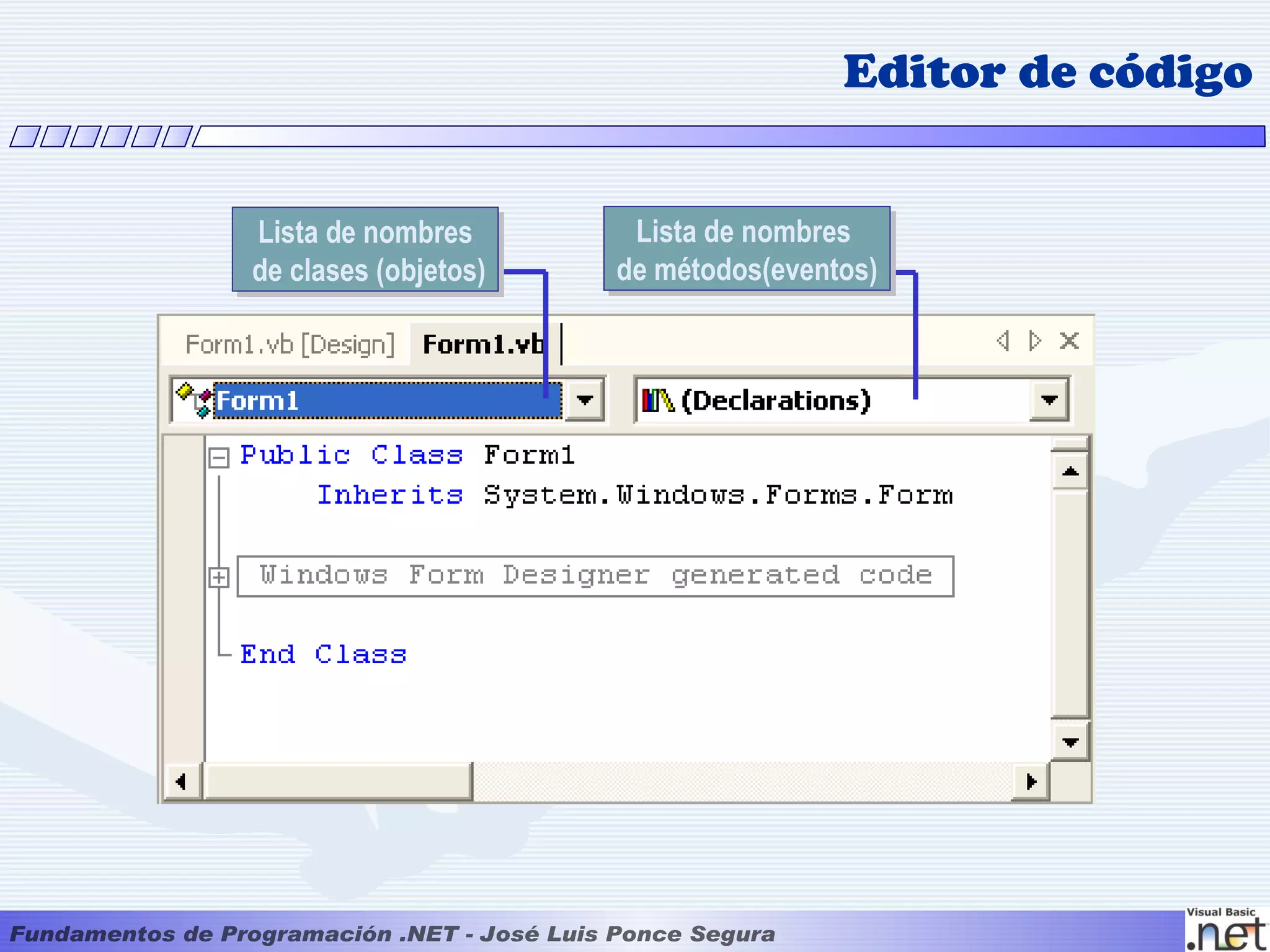 Editor de código


Lista de nombres       Lista de nombres
de clases (objetos)   de métodos(eventos)
 