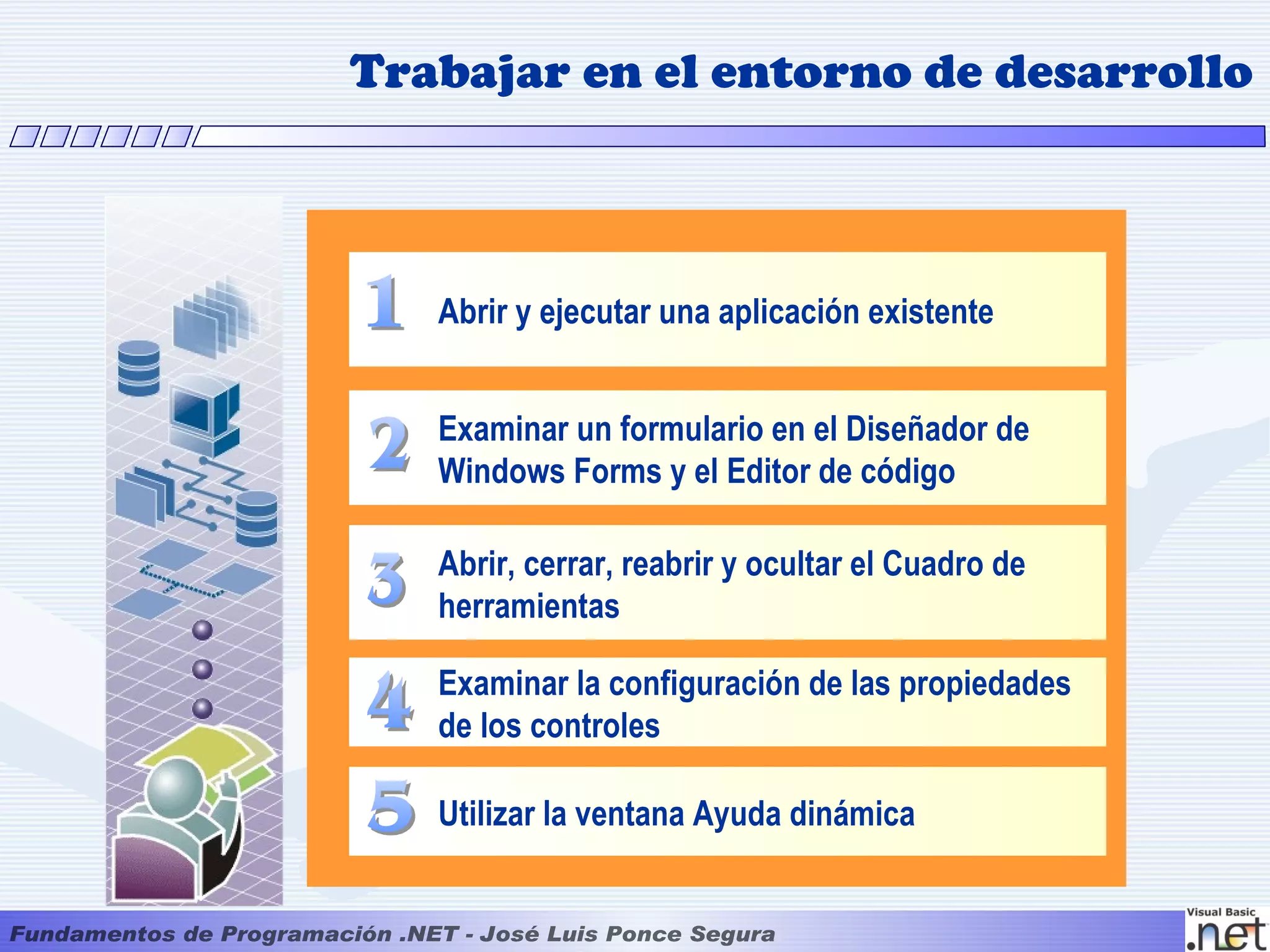 Trabajar en el entorno de desarrollo



   Abrir y ejecutar una aplicación existente


   Examinar un formulario en el Diseñador de
   Windows Forms y el Editor de código

   Abrir, cerrar, reabrir y ocultar el Cuadro de
   herramientas

   Examinar la configuración de las propiedades
   de los controles

   Utilizar la ventana Ayuda dinámica
 