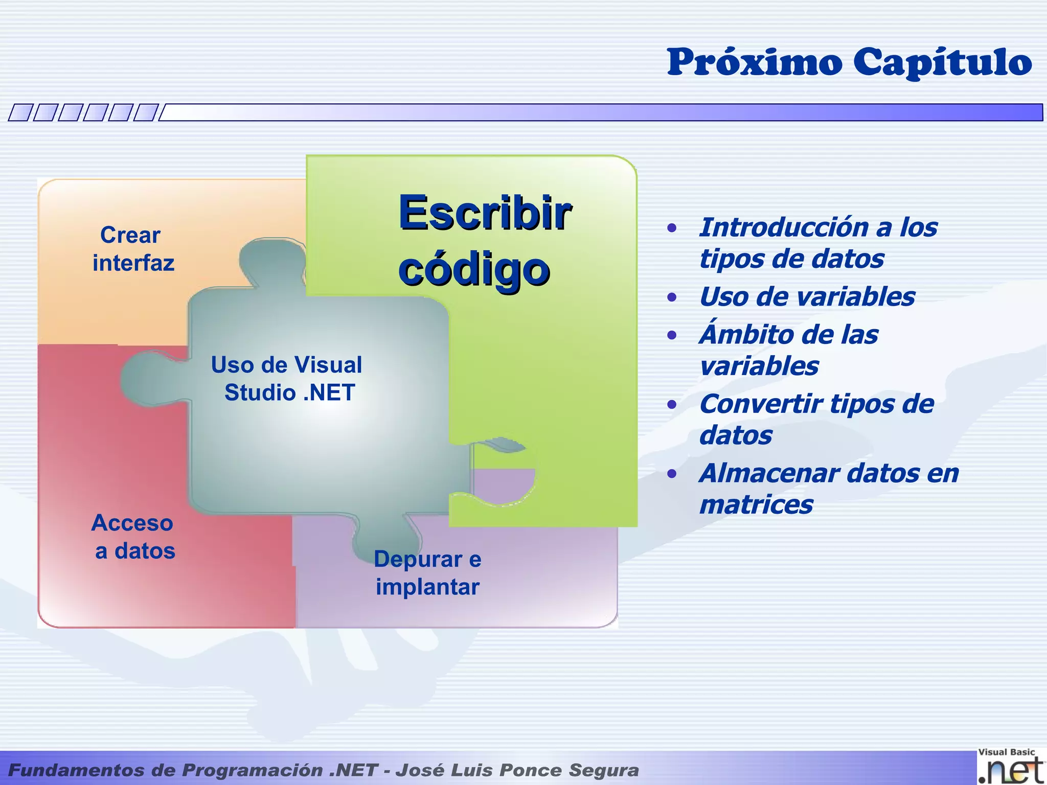 Próximo Capítulo



 Crear
                              Escribir   • Introducción a los
                   Debug
                                           tipos de datos
interfaz         and Deploy
                              código     • Uso de variables
                                         • Ámbito de las
           Uso de Visual                   variables
            Studio .NET
                                         • Convertir tipos de
                                           datos
                                         • Almacenar datos en
                                           matrices
Acceso
a datos                    Depurar e
                           implantar
 