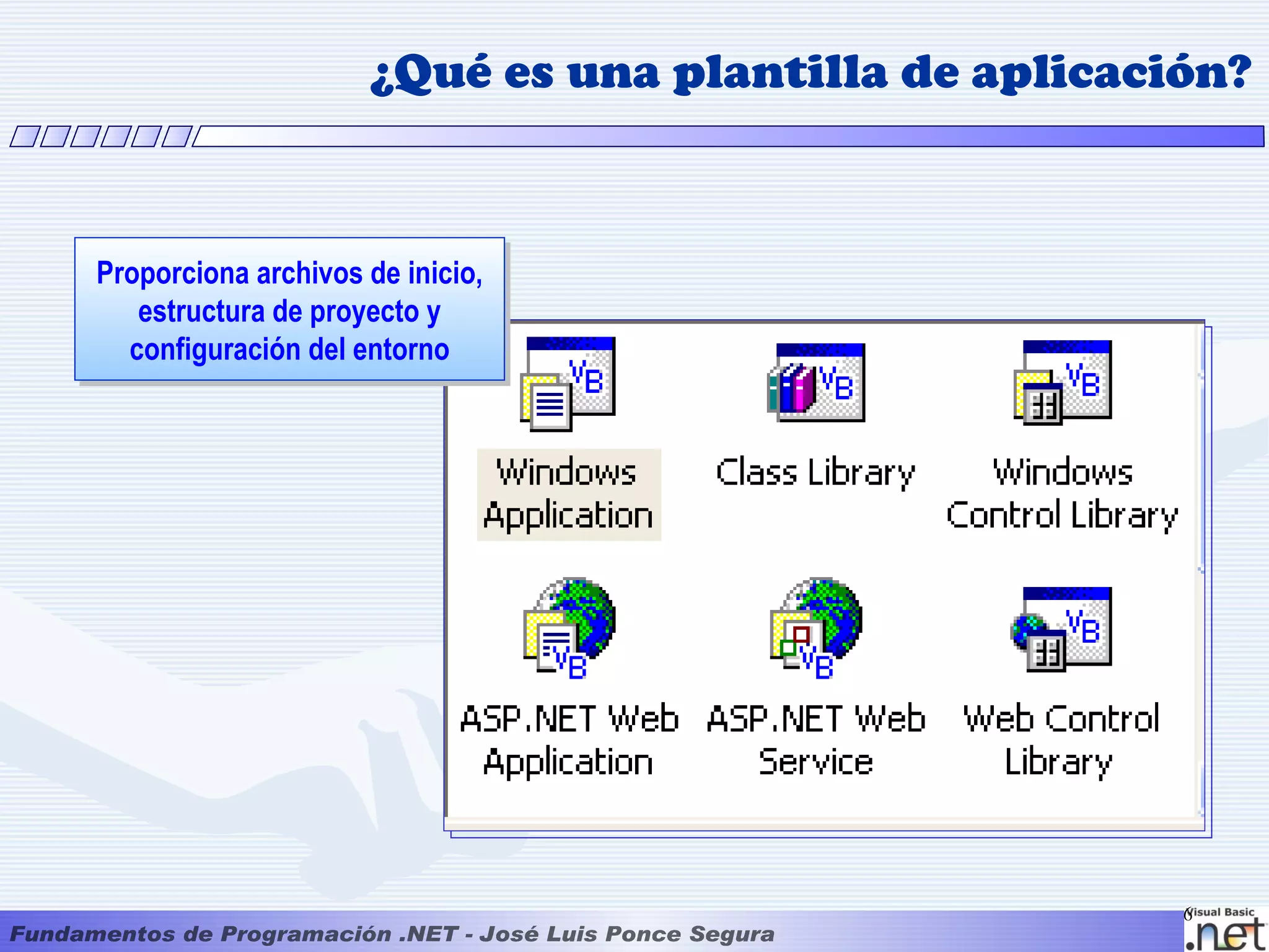 ¿Qué es una plantilla de aplicación?


Proporciona archivos de inicio,
   estructura de proyecto y
  configuración del entorno




                                                      6
 