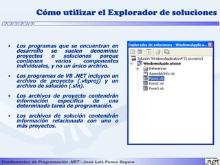 Cómo utilizar el Explorador de soluciones


•   Los programas que se encuentran en
    desarrollo    se    suelen   denominar
    proyectos     o    soluciones   porque
    contienen       varios     componentes
    individuales, y no un único archivo.
•   Los programas de VB .NET incluyen un
    archivo de proyecto (.vbproj) y un
    archivo de solución (.sln).
•   Los archivos de proyecto contendrán
    información   específica   de   una
    determinada tarea de programación.
•   Los archivos de solución contendrán
    información relacionada con uno o
    más proyectos.
 