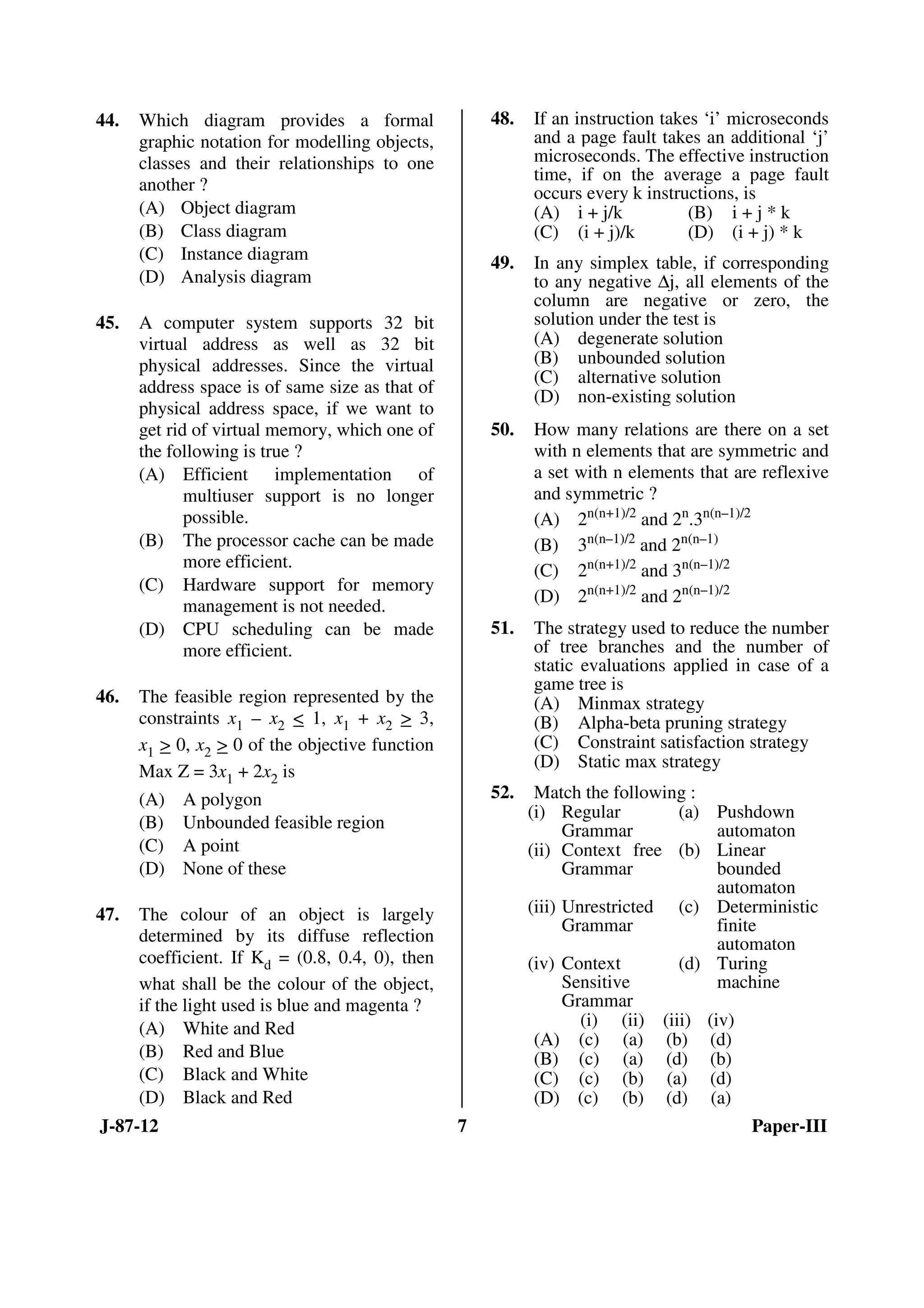 J-87-12 7 Paper-III
44. Which diagram provides a formal
graphic notation for modelling objects,
classes and their relationships to one
another ?
(A) Object diagram
(B) Class diagram
(C) Instance diagram
(D) Analysis diagram
45. A computer system supports 32 bit
virtual address as well as 32 bit
physical addresses. Since the virtual
address space is of same size as that of
physical address space, if we want to
get rid of virtual memory, which one of
the following is true ?
(A) Efficient implementation of
multiuser support is no longer
possible.
(B) The processor cache can be made
more efficient.
(C) Hardware support for memory
management is not needed.
(D) CPU scheduling can be made
more efficient.
46. The feasible region represented by the
constraints x1 – x2 < 1, x1 + x2 > 3,
x1 > 0, x2 > 0 of the objective function
Max Z = 3x1 + 2x2 is
(A) A polygon
(B) Unbounded feasible region
(C) A point
(D) None of these
47. The colour of an object is largely
determined by its diffuse reflection
coefficient. If Kd = (0.8, 0.4, 0), then
what shall be the colour of the object,
if the light used is blue and magenta ?
(A) White and Red
(B) Red and Blue
(C) Black and White
(D) Black and Red
48. If an instruction takes ‘i’ microseconds
and a page fault takes an additional ‘j’
microseconds. The effective instruction
time, if on the average a page fault
occurs every k instructions, is
(A) i + j/k (B) i + j * k
(C) (i + j)/k (D) (i + j) * k
49. In any simplex table, if corresponding
to any negative ∆j, all elements of the
column are negative or zero, the
solution under the test is
(A) degenerate solution
(B) unbounded solution
(C) alternative solution
(D) non-existing solution
50. How many relations are there on a set
with n elements that are symmetric and
a set with n elements that are reflexive
and symmetric ?
(A) 2n(n+1)/2
and 2n
.3n(n–1)/2
(B) 3n(n–1)/2
and 2n(n–1)
(C) 2n(n+1)/2
and 3n(n–1)/2
(D) 2n(n+1)/2
and 2n(n–1)/2
51. The strategy used to reduce the number
of tree branches and the number of
static evaluations applied in case of a
game tree is
(A) Minmax strategy
(B) Alpha-beta pruning strategy
(C) Constraint satisfaction strategy
(D) Static max strategy
52. Match the following :
(i) Regular
Grammar
(a) Pushdown
automaton
(ii) Context free
Grammar
(b) Linear
bounded
automaton
(iii) Unrestricted
Grammar
(c) Deterministic
finite
automaton
(iv) Context
Sensitive
Grammar
(d) Turing
machine
(i) (ii) (iii) (iv)
(A) (c) (a) (b) (d)
(B) (c) (a) (d) (b)
(C) (c) (b) (a) (d)
(D) (c) (b) (d) (a)
ANS
ANS
ANS
ANS
ANS
ANS
ANS
ANS
ANS
 